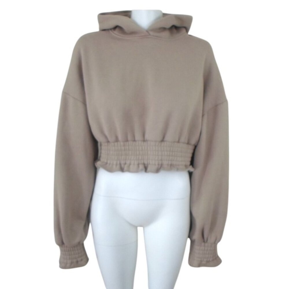 Maniere De Voir Tan Khaki Paperbag Waist Cropped Hoodie Sweatshirt Womens 14